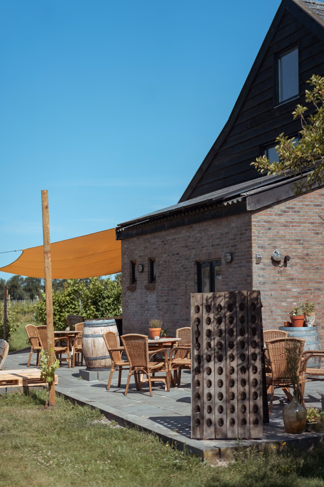 Het terras bij het wijnhuis aan de Slagdijk in Havelte